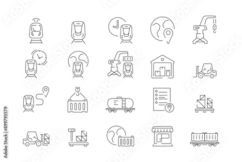 A set of logistics icons for railway transport. A set of editable icons, such as train transportation, container loading, reloading, weighing, tank. The supply chain