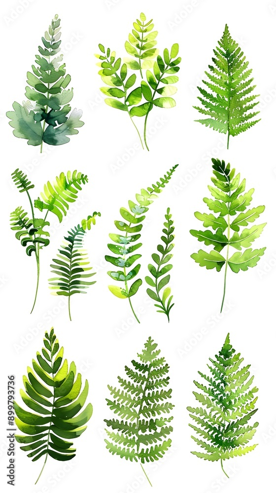 Diverse Watercolor Fern Leaves Isolated on Pristine White Background for Natural Botanical Design Diverse Watercolor Fern Leaves Isolated on Pristine White Background for Natural Botanical Design