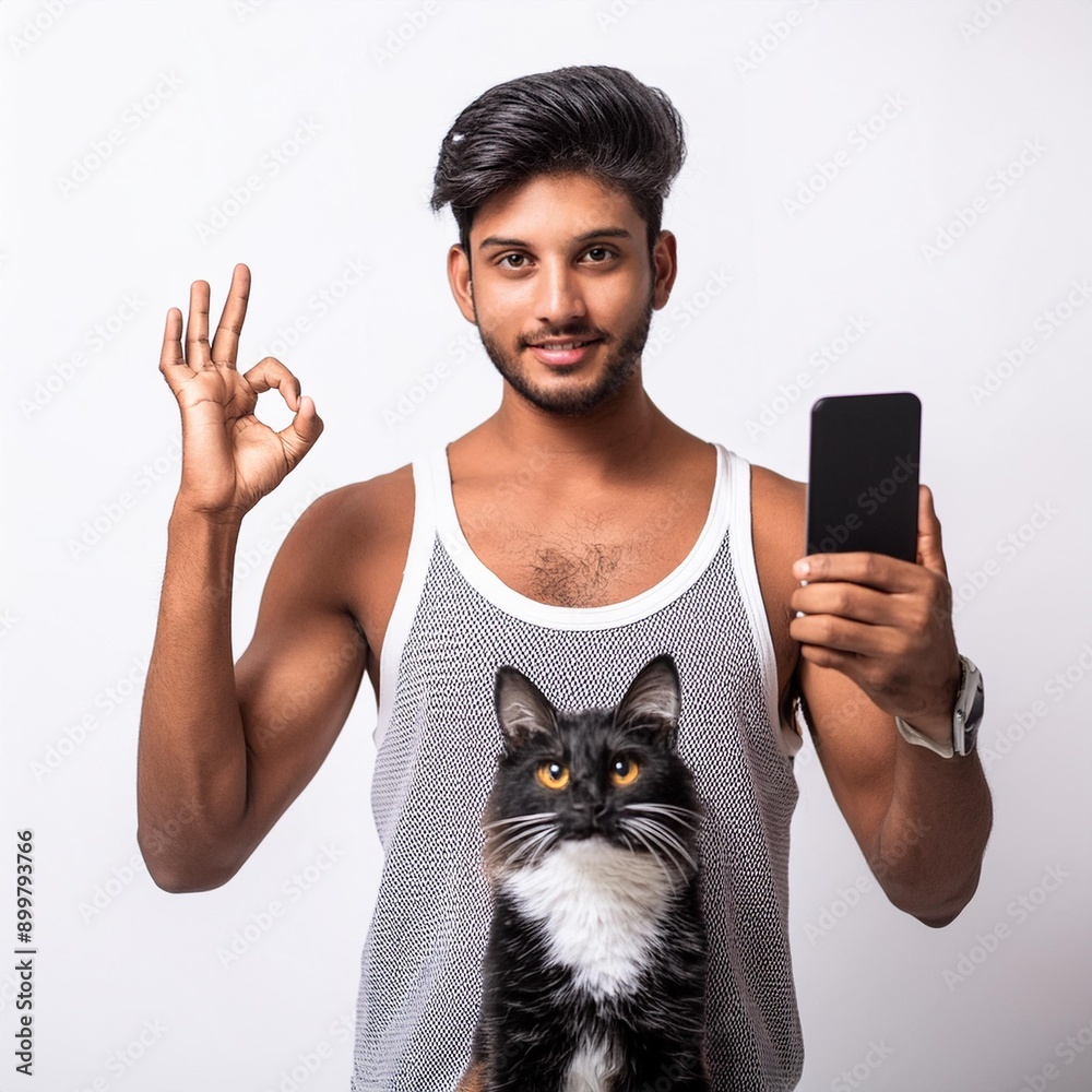 A handsome young Indian muscular men with ok Hand Gestures and one hand mobile, on white background A handsome young Indian muscular men with ok Hand Gestures and one hand mobile, on white background