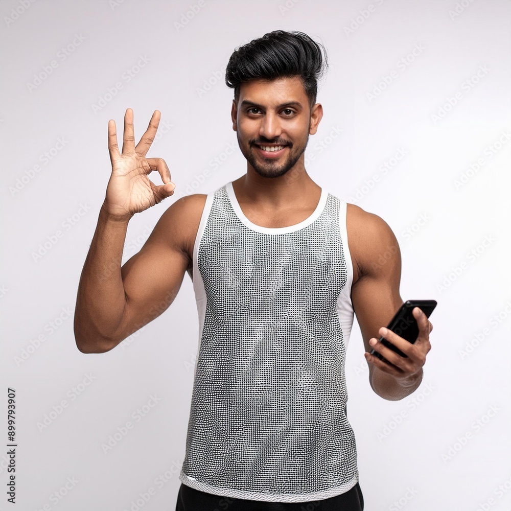A handsome young Indian muscular men with ok Hand Gestures and one hand mobile, on white background A handsome young Indian muscular men with ok Hand Gestures and one hand mobile, on white background