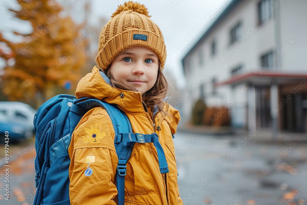 A little girl with a backpack on the background of school in autumn A little girl with a backpack on the background of school in autumn