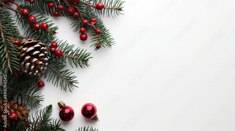 Holiday greeting card with space for text and festive fir tree and holly decoration on white background Holiday greeting card with space for text and festive fir tree and holly decoration on white background