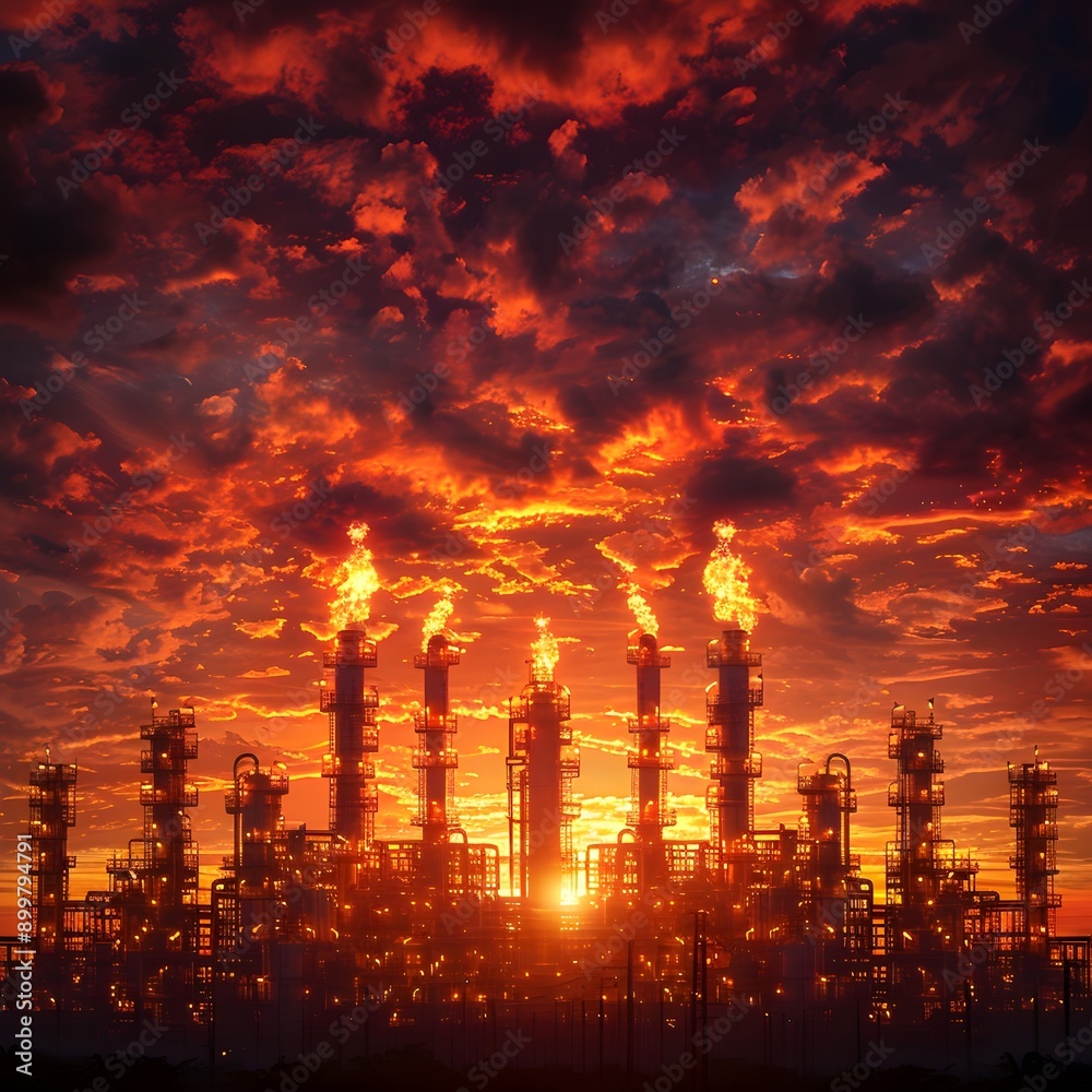 Fototapeta premium Dramatic Fiery Sunset Over Silhouetted Oil Refinery Machinery Powerful Industrial Scene