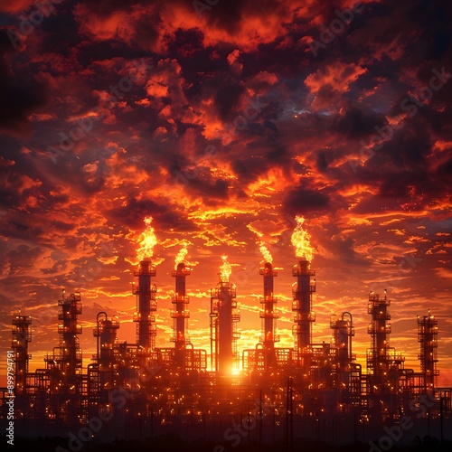 Dramatic Fiery Sunset Over Silhouetted Oil Refinery Machinery Powerful Industrial Scene © Thares2020