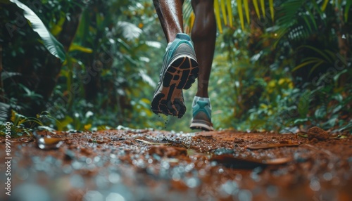 A person is running through a jungle with their feet in the mud