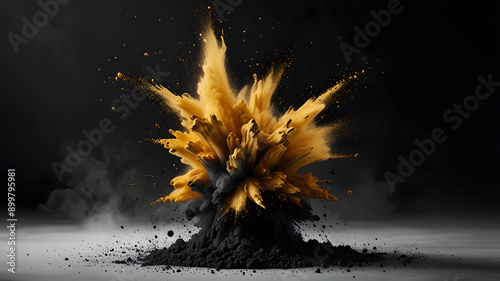 gold charcoal powder dust paint white explosion explode burst isolated splatter abstract. Powder charcoal background black smoke particles explosive carbon pattern coal makeup dark splash bomb piece