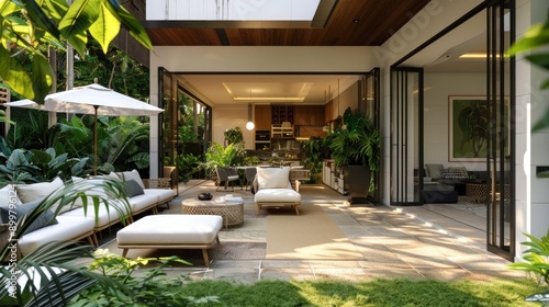 Modern Patio with White Furniture and Green Plants