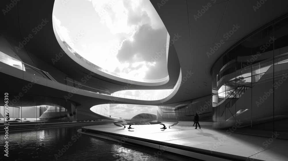 Monochromatic image showcasing a modern architectural building with a futuristic design. The open spaces and unique curves create a striking visual, enhanced by the interplay of light and shadow. Monochromatic image showcasing a modern architectural building with a futuristic design. The open spaces and unique curves create a striking visual, enhanced by the interplay of light and shadow.