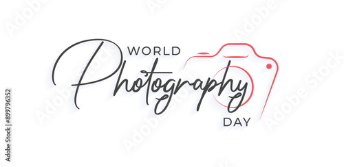 World Photography Day with Camera Icon. Hand drawn modern vector calligraphy. Simple inscription with swashes, wavy lettering text. 16 August Holiday greeting card and Social Media Cover