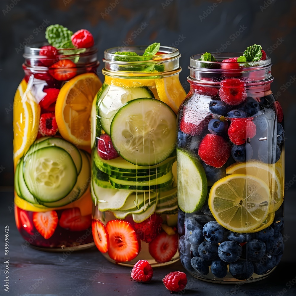 Colorful Fruit Infused Water in Glass Jars with Vibrant Citrus and Berries Floating Colorful Fruit Infused Water in Glass Jars with Vibrant Citrus and Berries Floating