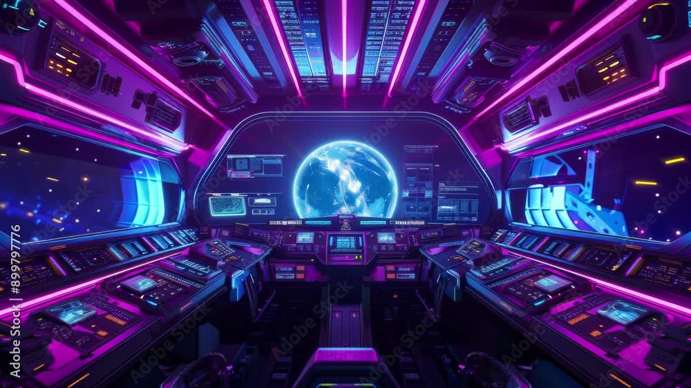 Futuristic synthwave spaceship interior with neon-lit controls and holograms. Seamless Loop Animation