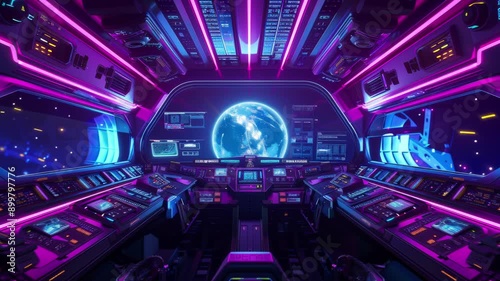 Futuristic synthwave spaceship interior with neon-lit controls and holograms. Seamless Loop Animation