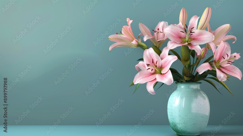 A bouquet of pink lilies in a green ceramic vase against a teal background. A bouquet of pink lilies in a green ceramic vase against a teal background.