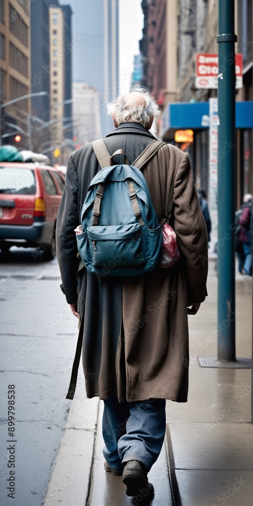 Poor homless old man with backpack bag walking along street Poor homless old man with backpack bag walking along street
