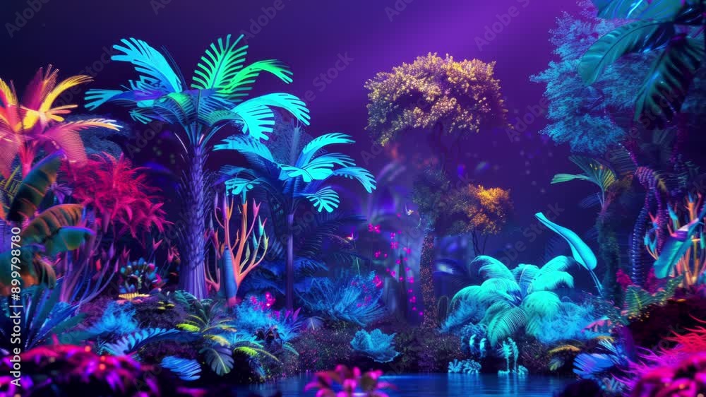 Neon jungle with trees and plants glowing in vibrant colors and ...