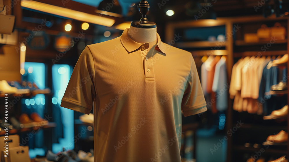 Mock up of brown polo shirt in shop, displayed on mannequin, shop background with clothes rack, Ai generated Images Mock up of brown polo shirt in shop, displayed on mannequin, shop background with clothes rack, Ai generated Images