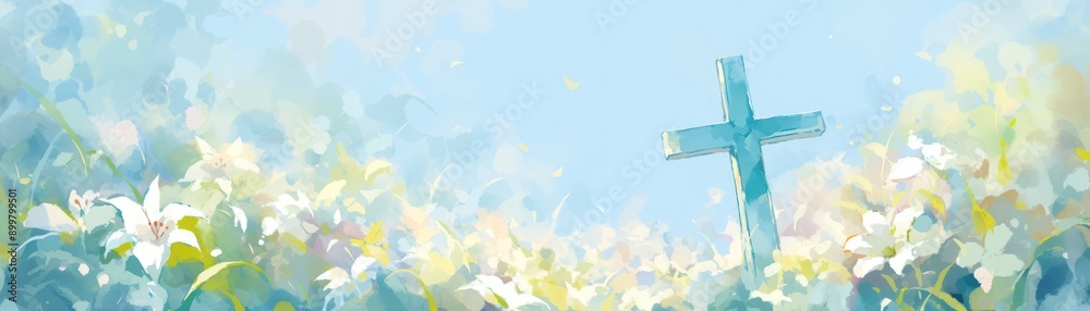 A blue cross is in a field of flowers A blue cross is in a field of flowers