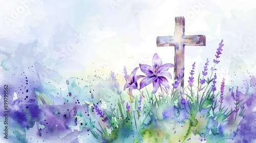 Fototapeta Naklejka Na Ścianę i Meble -  A painting of a cross and two purple flowers in a field