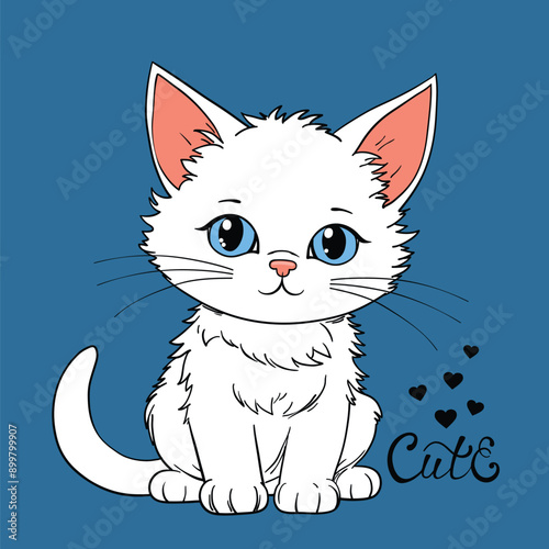 Cute white kitten hand drawn cartoon vector illustration, sketch for t-shirt graphics, fashion prints and other uses