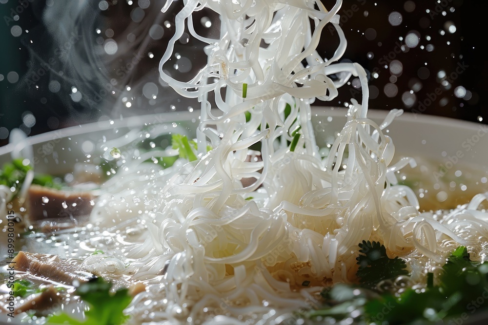 Close-up of White Noodles Falling into Broth with Herbs Close-up of White Noodles Falling into Broth with Herbs