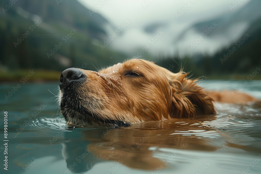A golden retriever dog swims in a tranquil mountain lake, its head breaking the surface of the water. A golden retriever dog swims in a tranquil mountain lake, its head breaking the surface of the water.