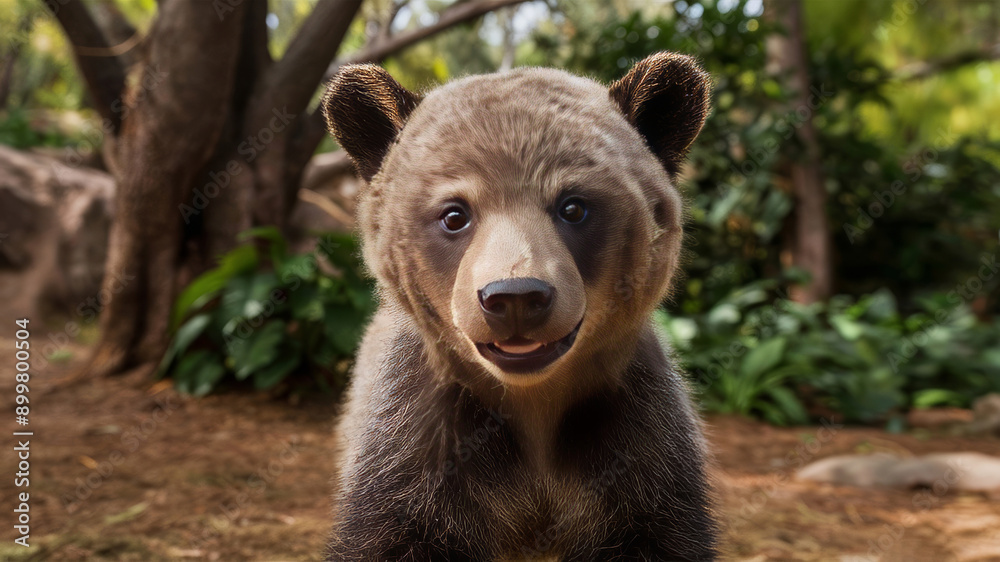 Close-up of a brown bear cub in its natural habitat, captured with a wide-angle lens. Wildlife photography. Close-up of a brown bear cub in its natural habitat, captured with a wide-angle lens. Wildlife photography.