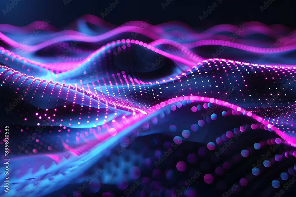abstract background in the form of many dots and particles. waves of dots in purple blue neon colors abstract background in the form of many dots and particles. waves of dots in purple blue neon colors