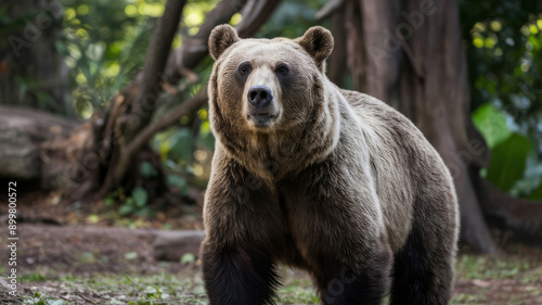 Close-up of a brown bear in its natural habitat, shot with a wide-angle lens. Wildlife photography.