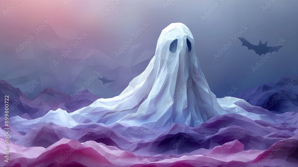 A large ghostly figure with a flowing sheet in a polygonal style landscape with bats. The image is eerie and mystical, suitable for Halloween or horror-themed artwork A large ghostly figure with a flowing sheet in a polygonal style landscape with bats. The image is eerie and mystical, suitable for Halloween or horror-themed artwork