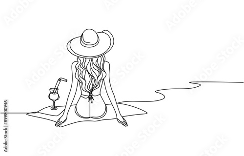 Young woman with a cocktail on the beach sitting.Line art vector illustration.Continuous line drawing of a girl in a hat under palm trees back view.Summer vacation.Summertime concept, Pro vector.