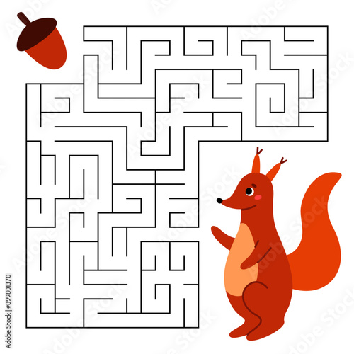 Animal maze game for kids. Cute squirrel looking for a way to the acorn. Printable worksheet with solution for school and preschool. Vector cartoon illustration.