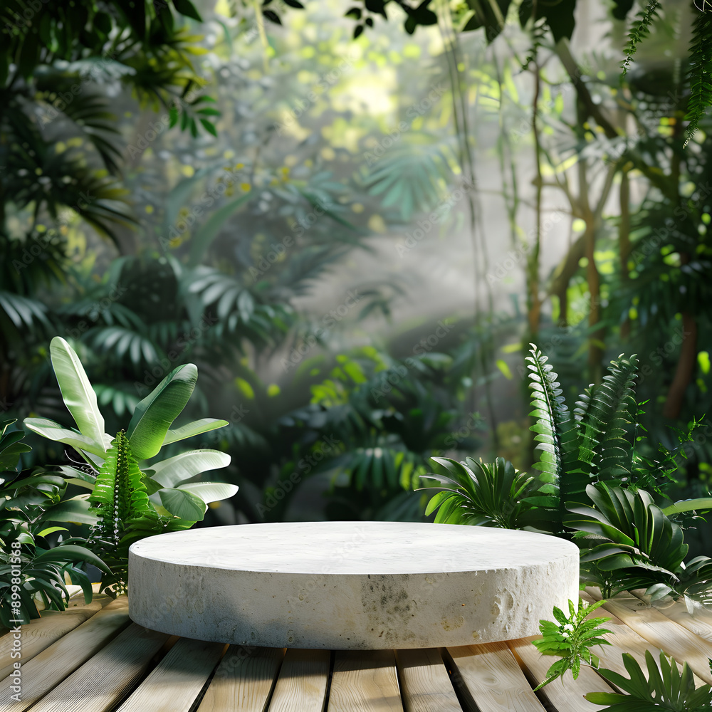stone round podium surrounded by tropical leaves for product presentation. podium among vegetation stone round podium surrounded by tropical leaves for product presentation. podium among vegetation