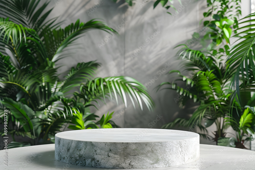 stone round podium surrounded by tropical leaves for product presentation. podium among vegetation