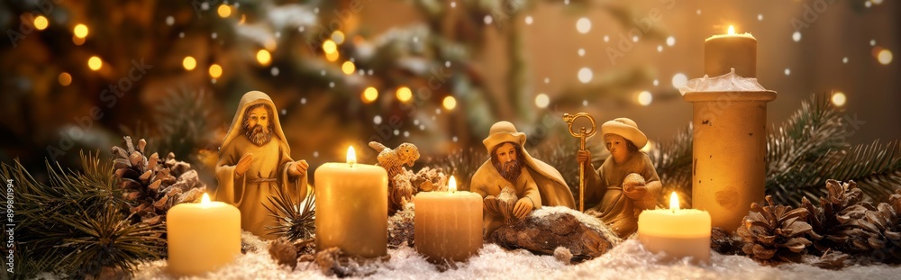 Traditional Christmas nativity scene with figurines, candles and fir branches Traditional Christmas nativity scene with figurines, candles and fir branches