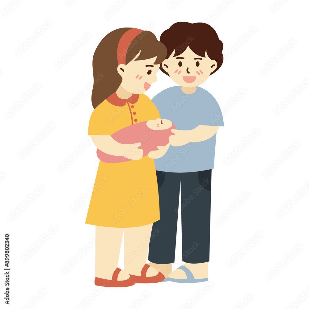 Illustration of father, mother and their newborn baby Illustration of father, mother and their newborn baby