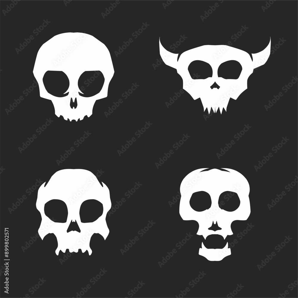 Set of skull heads black and white vector illustration