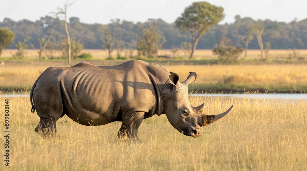 Fototapeta premium a solitary rhino grazing in the tall grass