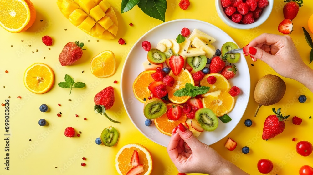 Top view of fresh fruit salad with various colorful fruits. Healthy diet and nutrition concept. Top view of fresh fruit salad with various colorful fruits. Healthy diet and nutrition concept.
