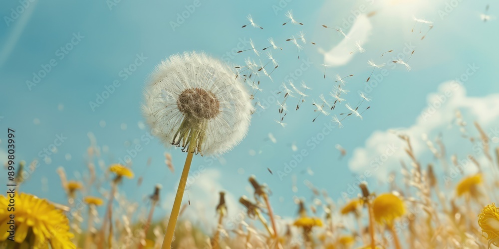 Naklejka premium Dandelion with flying seeds, space. Ai generation.