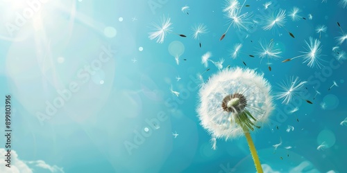 Dandelion with flying seeds, space. Ai generation.