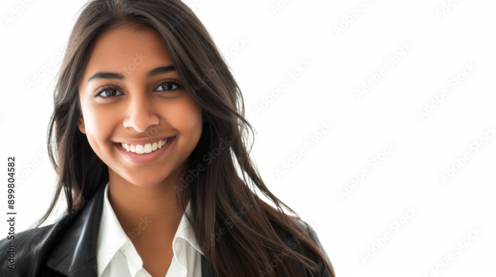 Young indian girl, smiling confidently, isolated on a white background Young indian girl, smiling confidently, isolated on a white background