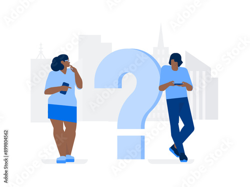 Woman and man in the city are standing next to question mark