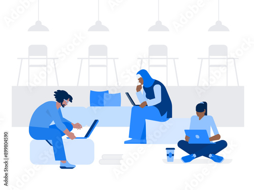 Woman in hijab, man with laptop, girl with laptop are working together in coworking space
