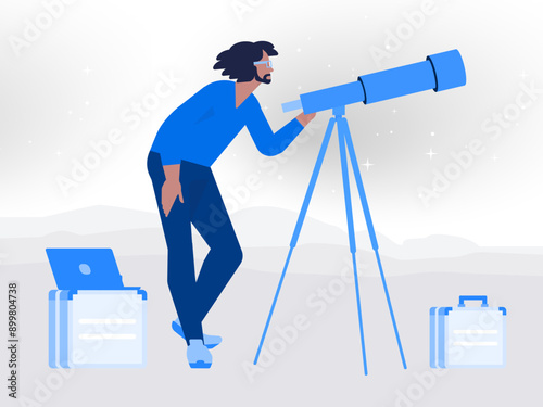 Man studies the night sky by telescope