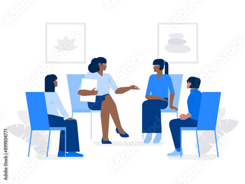 Female psychologist conducts group psychotherapy with three clients
