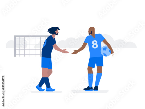 Male football players greeting each other with handshake on the field