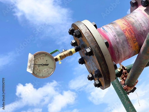 Industrial pressure gauge mounted on a pipeline with a blue sky background. This image captures the essential monitoring and safety measures required in industrial operations.