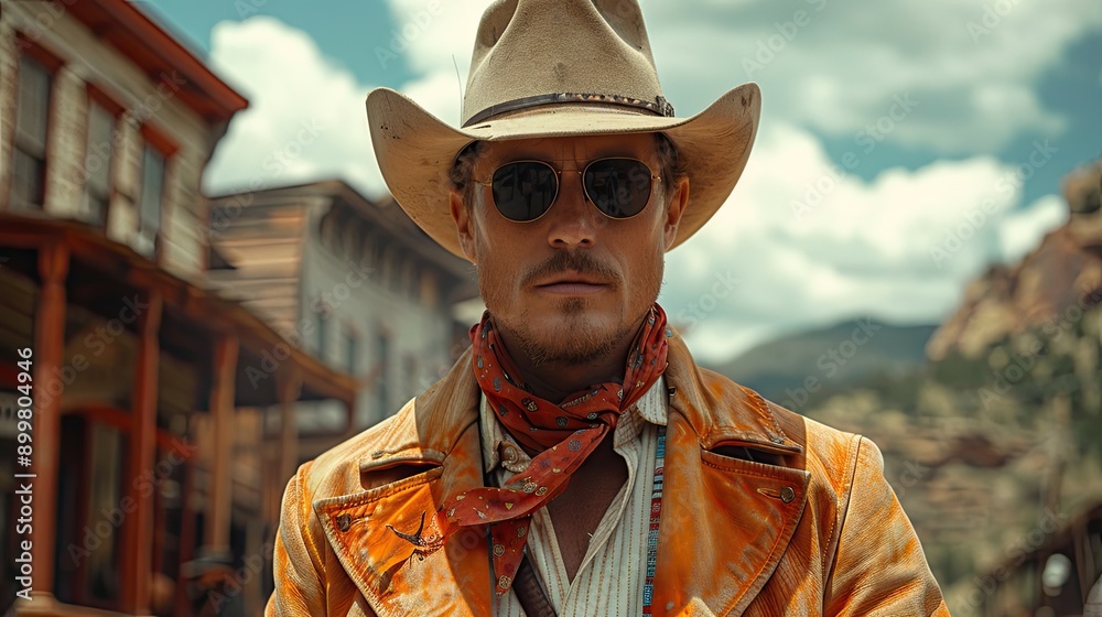 Western movie shot, front view of a cowboy ready to do a duel in middle of a wild west town