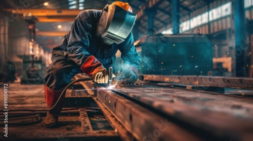 A man in a blue and red outfit is working on a piece of metal