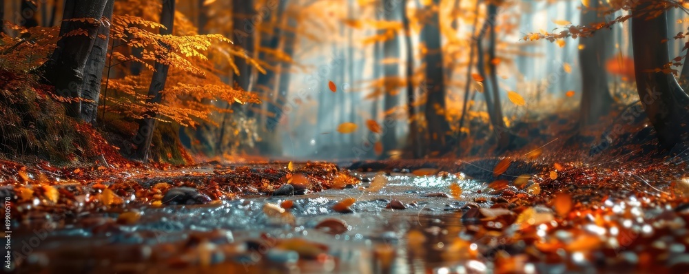 Obraz premium A dreamy forest scene with golden leaves and a river flowing through.